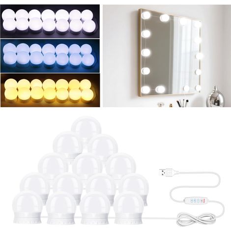 Lámpara de espejo LED de 14 W, lámpara de tocador (3 colores), estilo Hollywood, lámpara de maquillaje, iluminación para tocador, espejo de aumento y espejo de baño [Clase energética A]
