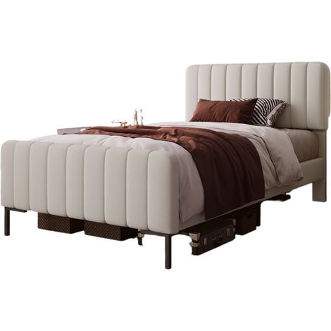 Lit avec Tête de Lit Réglable 90x200 cm, Lit Simple en Lin avec Sommier et Matelas, Gris Beige (1/5)