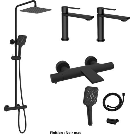 Ensemble 2 Mitigeurs lavabo + Colonne de douche + Mitigeur Bain + Support douchette flexible Couleur Noir mat (1/5)