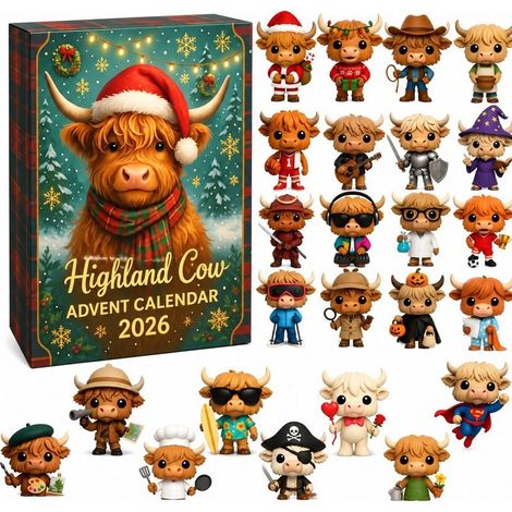 Calendrier de l'Avent 2026 Vache des Highlands, boîte surprise de Noël en PVC, décoration festive E - Chapeau de Père Noël (1/5)