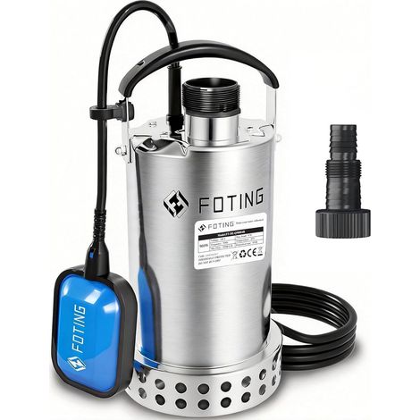 Pompe submersible en acier inoxydable 900 W, 13 000 l/h, hauteur de refoulement jusqu'à 9 m, profondeur d'immersion jusqu'à 7 m, avec interrupteur à flotteur, pour piscine, cave et drainage (1/5)