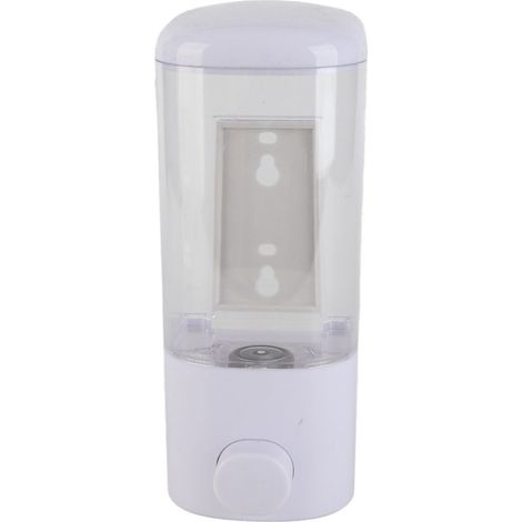 Dispensador manual de jabón y champú para montaje en pared – Plástico resistente, 500 ml, blanco y azul claro, con placa de montaje y tornillos. (1/5)