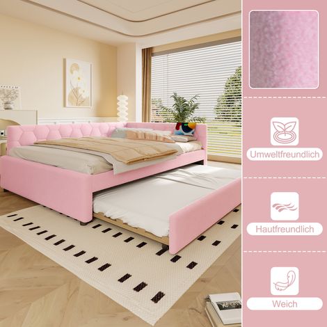Canapé-lit 140x200cm, banquette convertible avec sommier à lattes, sans matelas, lampe de chevet intégrée, lit gigogne polyvalent, port USB-C, housse polaire douce rose (1/5)