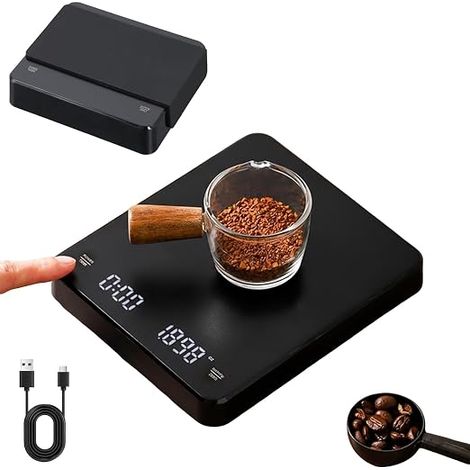 Rechargeable Digital Kitchen Scales, 0.1g Precision Scales, Max Weight 3kg, Coffee Scale with Timer, Display, Tara Function, Cover, Kitchen Staircase for (1/5)