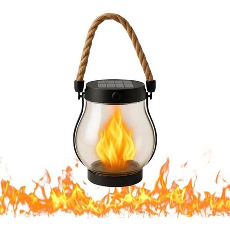 1 Lámpara solar de exterior，25,5 × 12 cm con cuerda，Lámpara solar de exterior con efecto llama，Ideal para camping，Color negro (1/5)