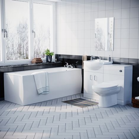 Warton Standard Bath, BTW Toilet, 550mm Basin Flat Pack Vanity Unit & WC Unit 3 Piece Bathroom Suite White (1/5)