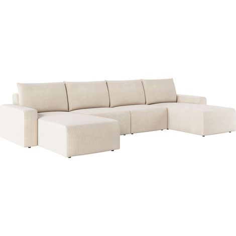Canapé panoramique fixe 6 places ROMANE en velours côtelé - Beige (1/5)