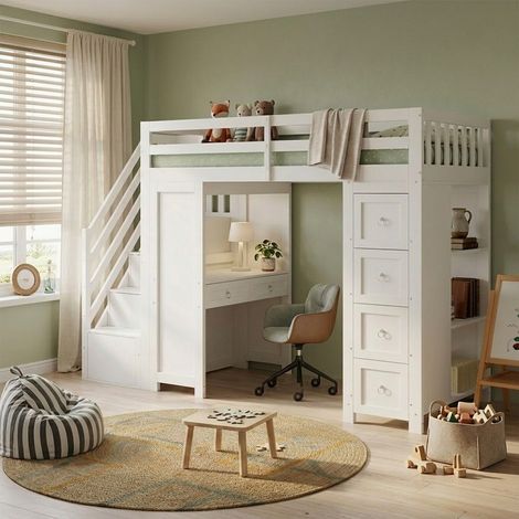 Lit mezzanine 90x200 cm avec bureau armoire escalier de rangement bois, lit surélevé moderne pour enfant ado, Blanc (1/5)