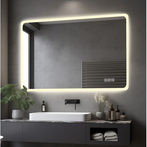 Miroir LED salle de bain 60x100 cm en verre argenté, anti-buée, design moderne FloraGrace (1/5)