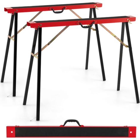 Lot de 2 Tréteaux Portables et Pliables, Chevalet de Sciage en Métal Galvanisé avec Surface Antidérapante, Charnière de Renfort, Charge 375 kg (1/5)