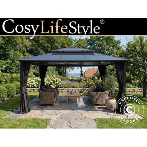 Gazebo Santa Ana Steel+ w/curtains and mosquito net, 3.65x4.85 m, Black - Dancover