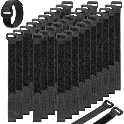 Lot de 30 Serre Câble Réutilisable avec Boucle de Suspension, Sangle Scratch Nylon 30cm x 20mm pour Gestion des Câbles PC, Bureau, Rangement Maison et Outils - Noir (1/4)