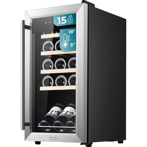 Cecotec – Cave à vin de service 15 bouteilles – Compresseur silencieux 39 dB – Régulation de température 5 à 18 ºC – Panneau de contrôle tactile