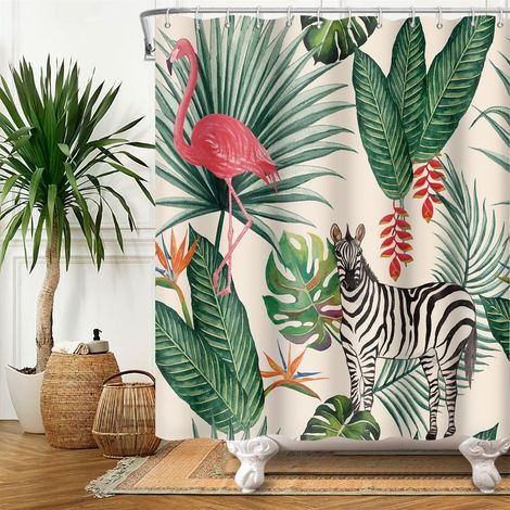 165x183cm Flamant Rideau de Douche Tropical Palmier Feuilles Vertes Feuille de Banane Cheval Rideau de Bain Été Thème Rideau de Bain Tissu Polyester Étanche pour Salle de Bain avec Crochets (1/5)