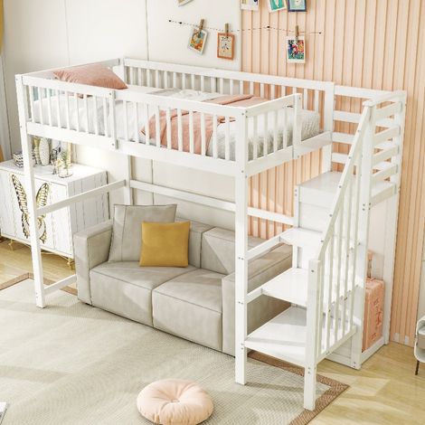 Hochbett 90x200 mit Treppe und integriertem Kleiderschrank, weißes Kinderbett aus Massivholz mit Stauraum und hohem Geländer, 255x95x177.5 cm (1/5)