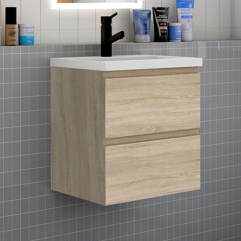 Meuble de salle de bain suspendre avec vasque 2 tiroirs fermeture amortie meuble de rangement bois clair - 50cm