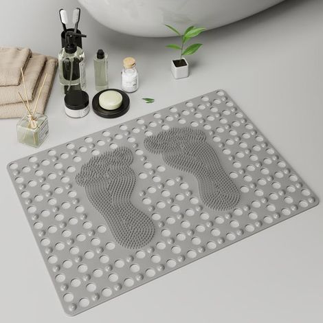Rutschfeste Badematte mit Saugnäpfen aus grauem TPE-Silikon – geruchlos, garantiert Sicherheit und Komfort (großer Fuß 70 x 50 cm)
