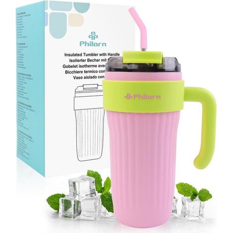 Philorn Thermobecher 800ml Vakuum Trinkbecher Strohhalm Rosa Isolierbecher (1/5)