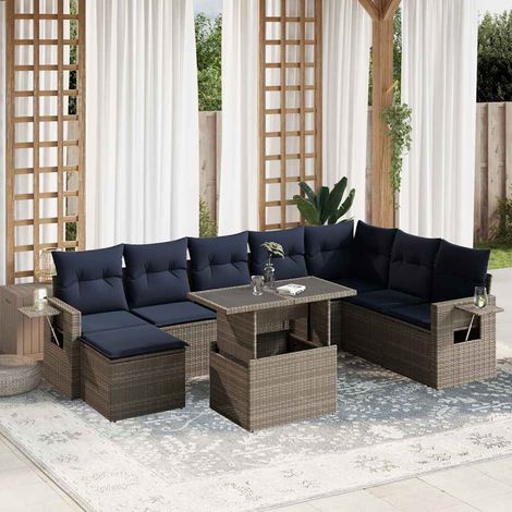 9-teiliges Gartensofa-Set mit Kissen, grau, Polyrattan (1/5)