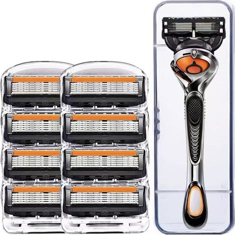 rasoir electriques hommes-Lames de rasoir pour hommes compatibles - 5 lames superposées avec manche et étui de rangement (1 manche + 8 lames) (1/4)