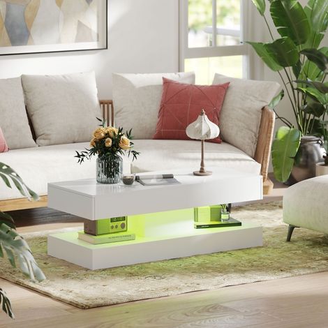Couchtisch aus Spanplatte in Hochglanz-Weiß 120 cm mit 2 Schubladen, offenem Fach und LED