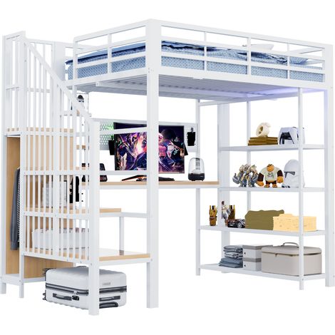 Lit mezzanine 140 x 200 cm avec bureau long, rangement sous escalier, étagères, panneau perforé, éclairage LED multicolore et prises, métal blanc – CHICFURN (1/5)