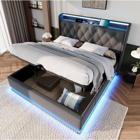 Cama doble con almacenaje LED USB lino gris 140x190 OKMYHOME (1/5)