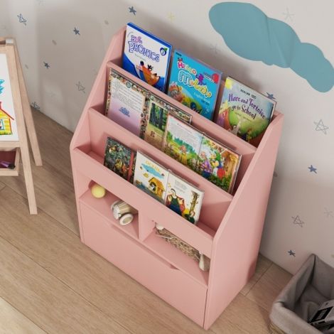 Étagère enfant 60x29.9x90 cm, tiroir, 3 cases et 2 niches ouvertes, pour chambre et salle de jeux - Rose (1/5)