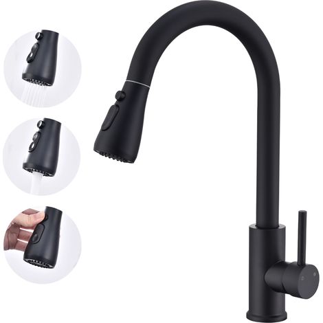 NOIR Robinet de Cuisine avec Douchette Extractible, MEEJEE Mitigeur Cuisine Noir en Acier Inox Robinet d'évier pour Cuisine avec 3 Modes
