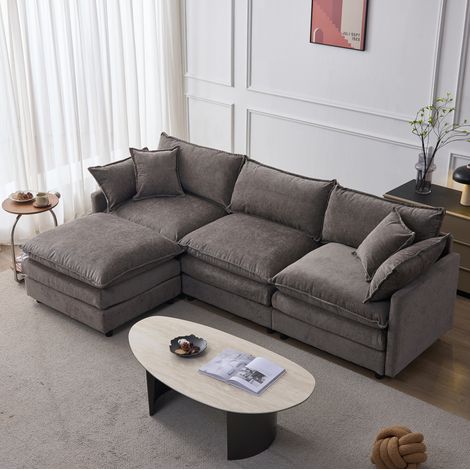 Divano angolare modulare 3 posti con pouf, tessuto chenille grigio (1/5)