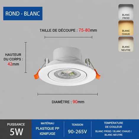 Spot LED encastrable 5W rond orientable Ø 90 mm 5w 90 75-80mm 85-265v 20 g – Livraison gratuite