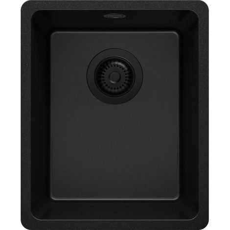 PRIMAGRAN Evier Sous Plan 36x44cm, Evier en Granit 1 bac + Kit de Vidage, Évier au meuble 40cm - Venise Easy, Tout Noir (1/5)