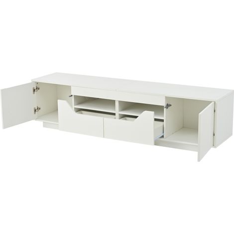 Meuble TV blanc 180x40x45 cm avec 2 tiroirs, 2 placards et éclairage LED contrôlable par application, adapté pour téléviseurs jusqu'à 75 pouces (1/5)
