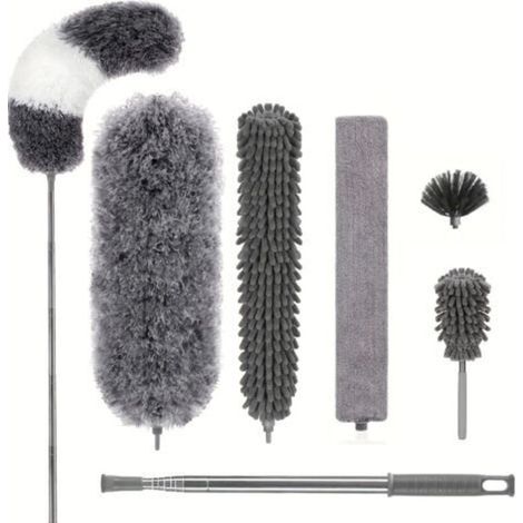 Lot de 7 Plumeau Poussière Télescopique Microfibre Nettoyage Kit avec Poignée Inoxydable Lavable Têtes Amovibles Balai Antipoussière