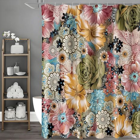 JSSEVN- Rideau de douche floral bohème 180 x 200 cm – Imperméable et à séchage rapide – Ourlet lesté pour maintien – Installation facile avec œillets (1/4)
