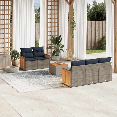 Salon de jardin modulable 6 pièces en résine tressée grise avec coussins bleu marine, 53.94kg - PANGIVO (1/5)