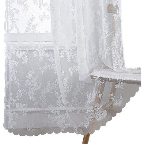 1 tenda bianca in pizzo a maglia ordito con bordo ondulato，adatta per uso domestico，può essere appesa a un bastone per tende (1/5)