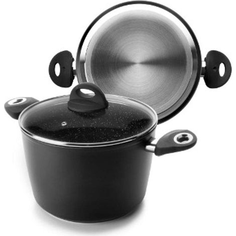 Marmite Nature avec Couvercle en Verre, 20 cm, Antiadhésif Style Pierre, Compatible avec l’Induction
