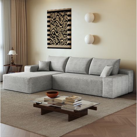Divano angolare modulare 270 cm con chaise longue a L, seduta profonda, grigio DESVIAE (1/5)