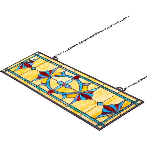 Mophorn Buntglasfensterplatte, 32 x 10 Zoll, Tiffany-inspirierte hängende Oberlichtplatte mit Kette, horizontales rechteckiges Design, handgefertigte Vintage-Dekorationskunst für die Küche