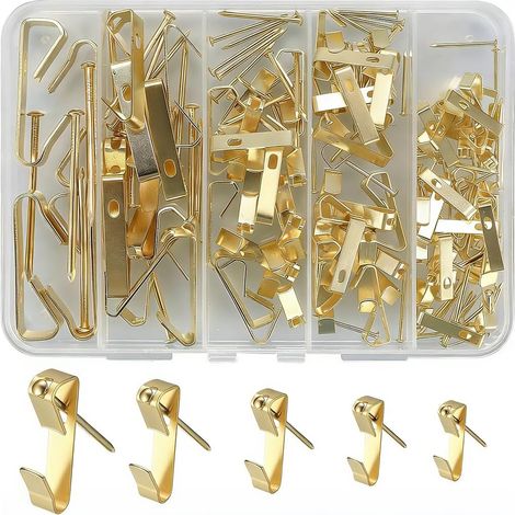 120 Pièces Accroche Tableau Mural, Kit de Suspension Tableaux, Crochet Tableau,Accroche Cadre Attache Cadre, pour le bureau à Domicile Photo peinture Suspendue, Fixation Cadre(Or) - (1/5)