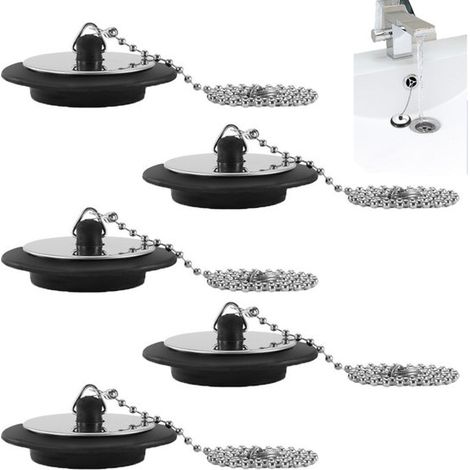 piezas, Tapón de goma para desagüe con cadena, Tapón de goma para bañera y lavabo, Negro, Tapón de desagüe para bañera, Tapa de goma para lavabo (1/5)