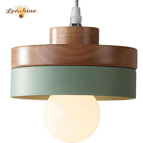 LONSHINE Moderne runde Pendelleuchte mit grünem Holz- und Metallschirm, E27 Deckenleuchte für Esszimmer (1/5)