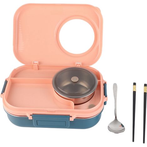Isolierte Lunchbox mit 1100 ml Fassungsvermögen, zwei Fächern und drei weiteren Fächern, aus Edelstahl 304, inklusive Essstäbchen, Löffel und Suppenschüssel, rosa. (1/5)
