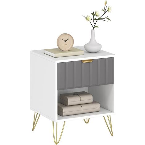 Table de chevet blanche avec tiroir et compartiment ouvert, pieds en acier, dimensions 45x40x55 cm, meuble d'appoint moderne. (1/5)