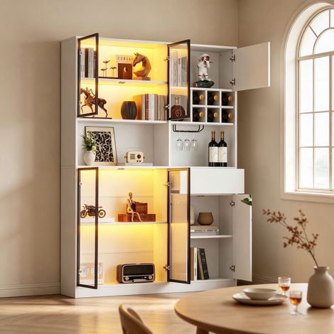 Vitrina de pie (140x30x200 cm), con 7 puertas, 1 cajón, LED, vidrio y estantes, aglomerado blanco (1/5)