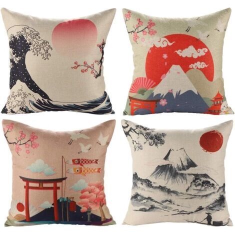 Housse de Coussin Japonais Fuji Ukiyo-e en Taie d'oreiller Canapé Voiture Maison Lit Décor 45 x 45cm, Ensemble de 4 pièces, Taie d'oreiller en lin de style japonais ukiyoe (1/5)