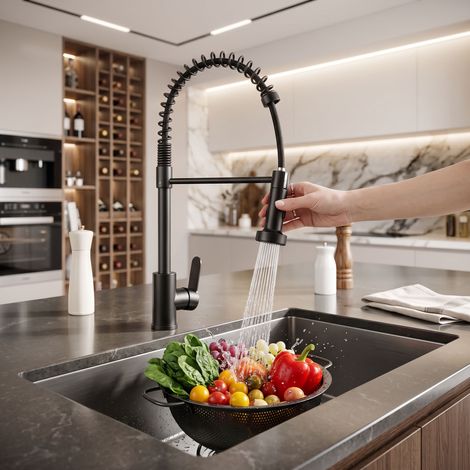Comanlai - Mitigeur de Cuisine Noir Mat avec Ressort Hélicoïdal - Robinet d'Évier en Laiton Pivotant à 360°, Douchette Extractible à 2 Modes de Pulvérisation, Design Arc Élevé (1/5)