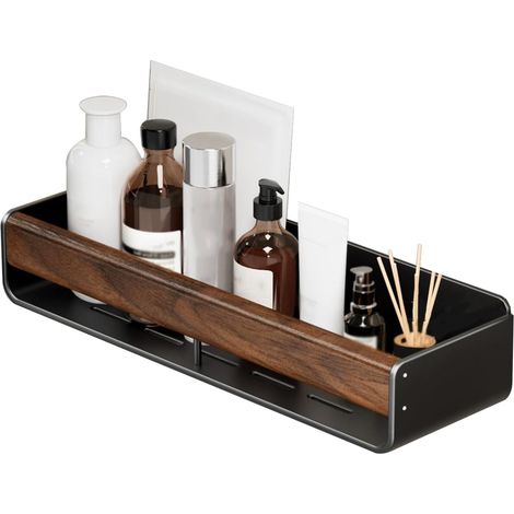 Étagère de rangement de salle de bain en aluminium et bois massif avec garde-corps, étagère de salle de bain murale amovible, gain de place (40 cm) (1/4)
