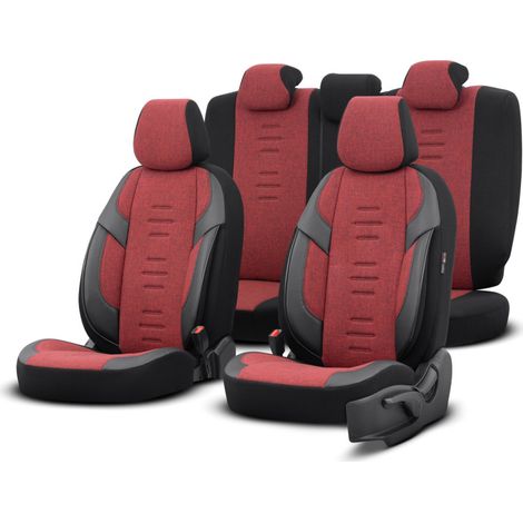 Komplett-Set Sitzbezüge OTOM-Textil mit Kunstleder, THRONE Design – rot-schwarz mit schwarzer Naht, für Vorder- und Rücksitze